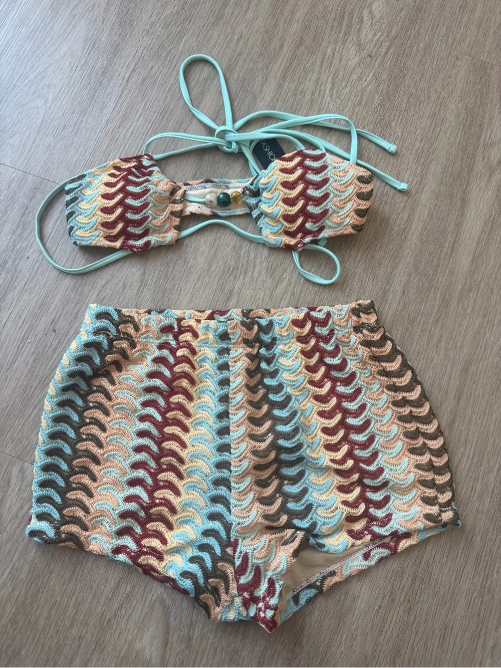 Fashion Nova Natasha 2 piece crotchet  bikini set with blue, brown, size XS NEW